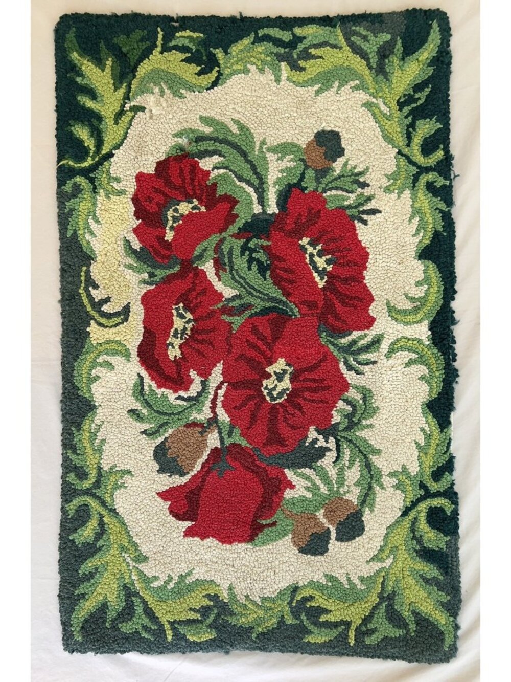 Vintage Handmade Punch Needle Poppy Rug Primitive Country Textile Wall Hanging